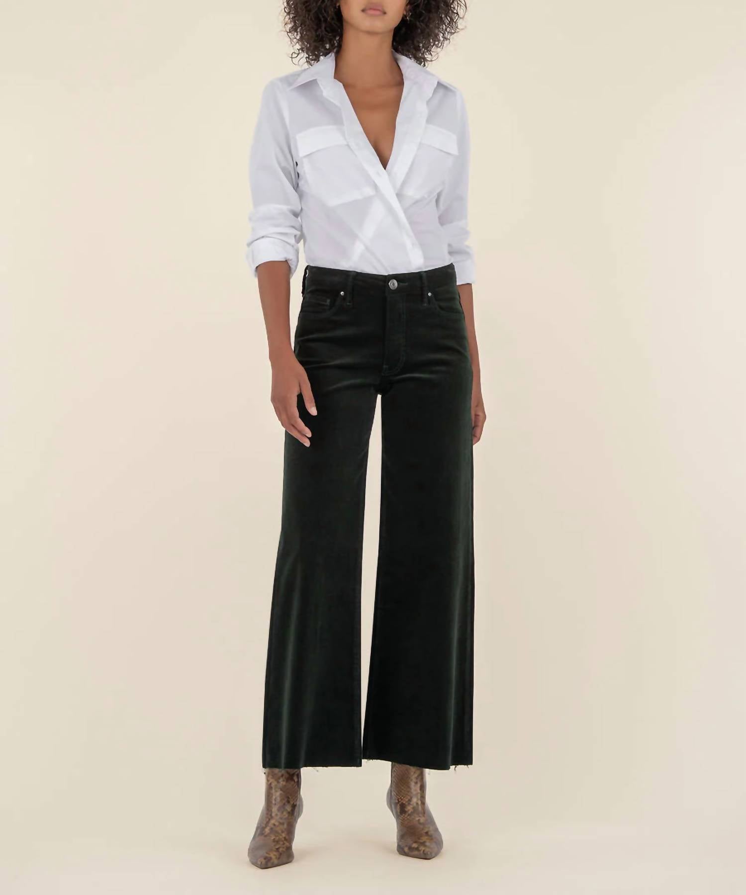 KUT FROM THE KLOTH Meg High Rise Fab Ab Wide-leg Pants in pewter green - women's pants