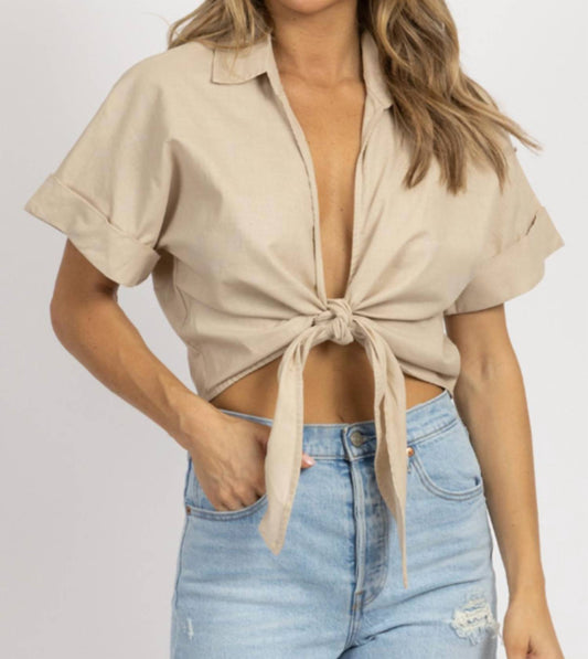 SHORT SLEEVE LINEN TIED CROP TOP