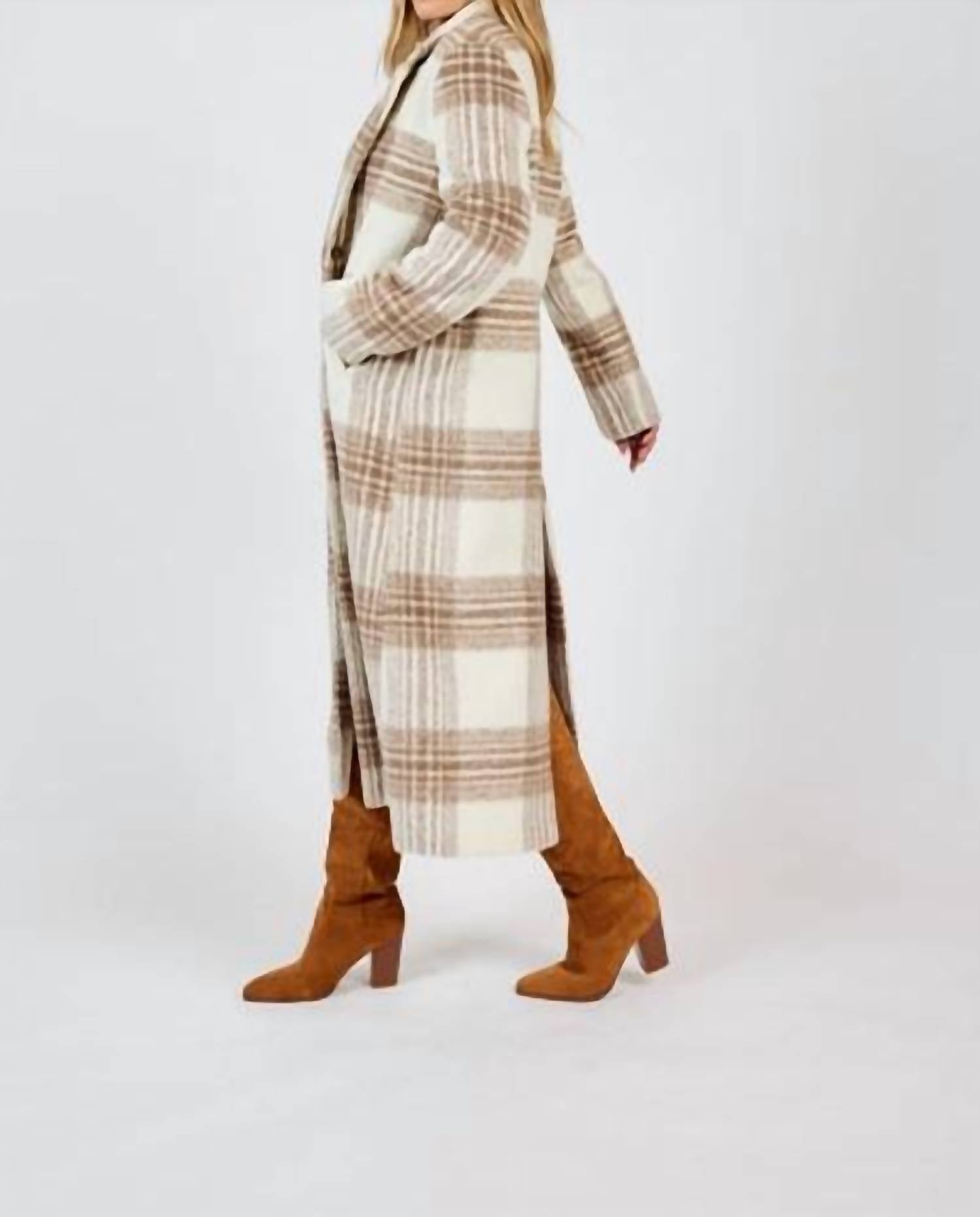 Sadie & Sage Zella Plaid Long Coat in dream white - women's jacket - detail view
