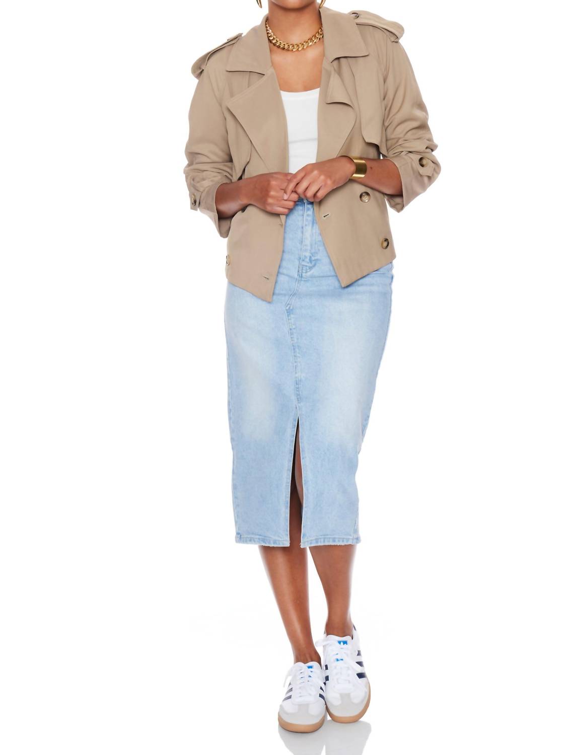 CRESCENT Reese Lightweight Crop Trench Throw Jacket in beige - women's jacket - detail view