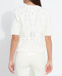 Lysse Hadley Cozy Short Sleeve Embellished Cable Sweater in white - women's sweater - detail view