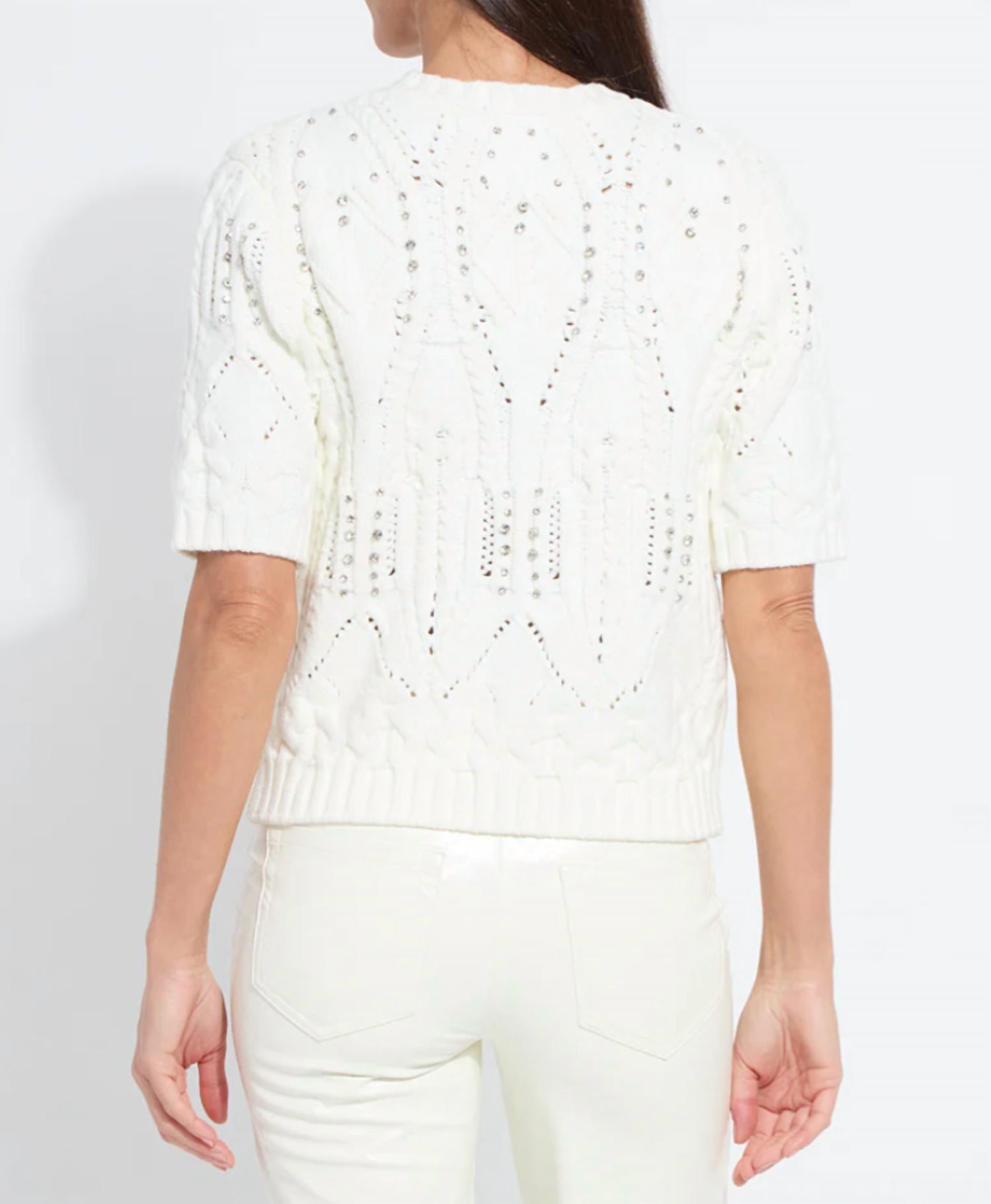 Lysse Hadley Cozy Short Sleeve Embellished Cable Sweater in white - women's sweater - detail view