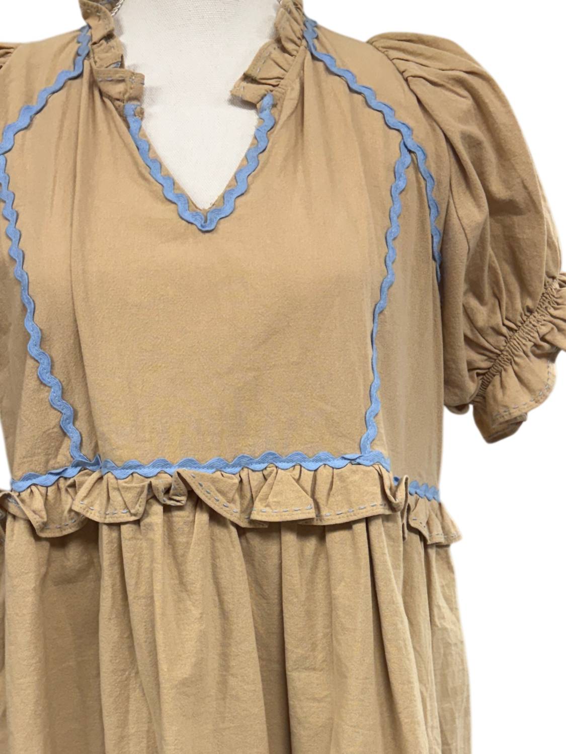 Entro - Women's V Neck Puff Sleeve Short Dress With Trim