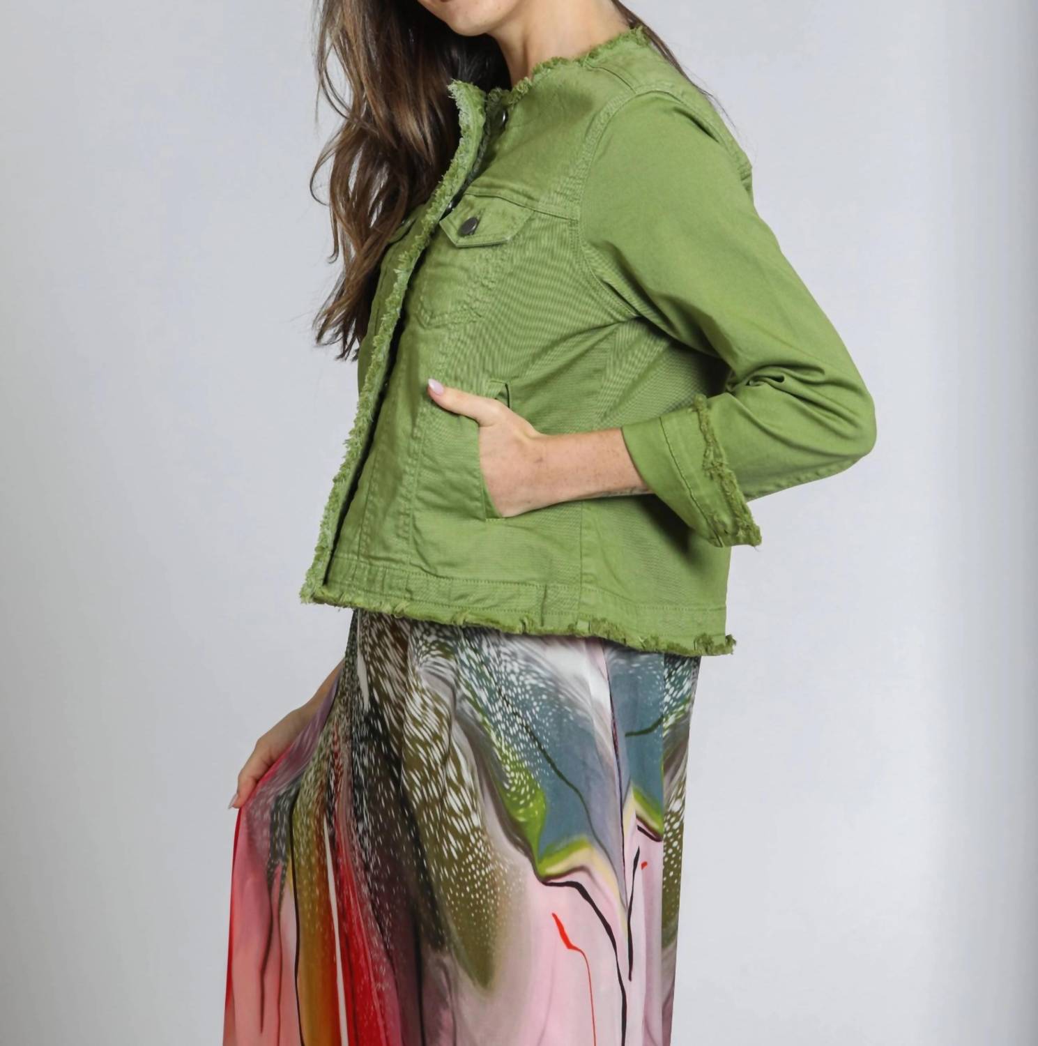 Apny - Collarless Jean Jacket With Frayed Detail