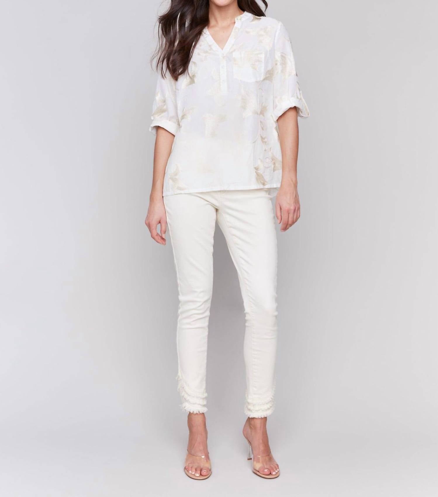 Charlie B - Embroidered 3/4 Sleeve Popover Top