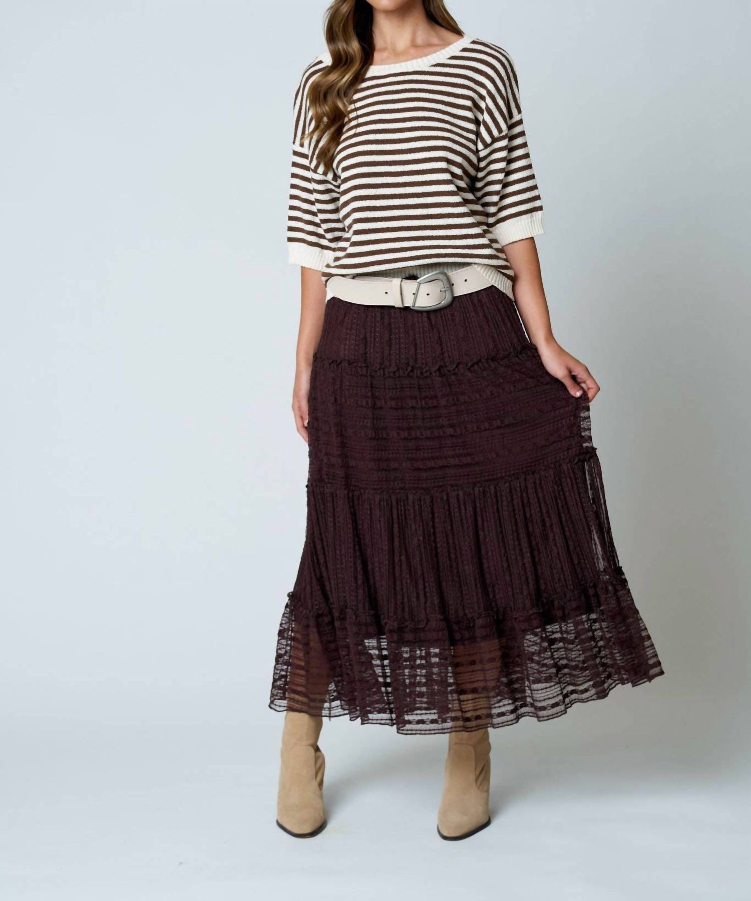 Blu Pepper - Textured Stripe Ruffle Tiered Midi Skirt