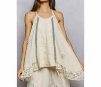 Pol - Halter Neck Double Gauze Lace Ruffle Sleeveless Top