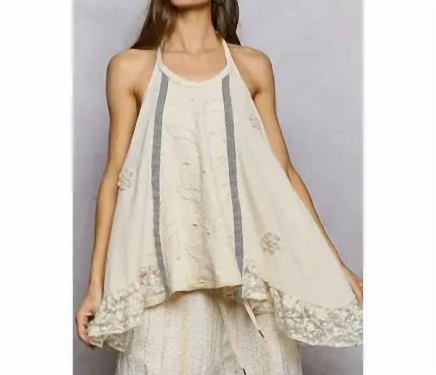 Pol - Halter Neck Double Gauze Lace Ruffle Sleeveless Top
