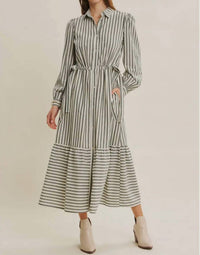 In February Bostyn Stripe Long Sleeve Maxi Dress in dark green - women's dress