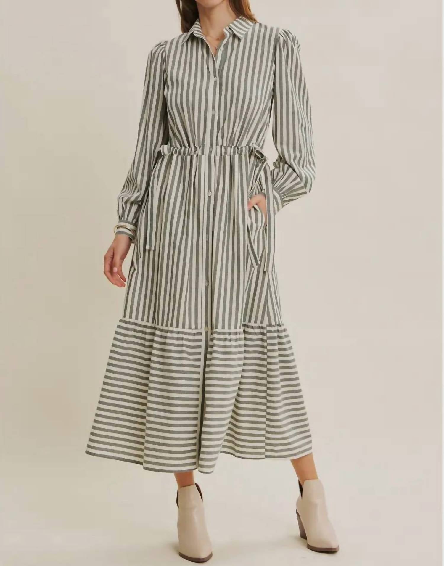 In February Bostyn Stripe Long Sleeve Maxi Dress in dark green - women's dress