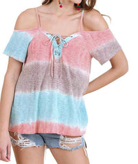 Umgee - Lace Up Cold Shoulder Color Block Top