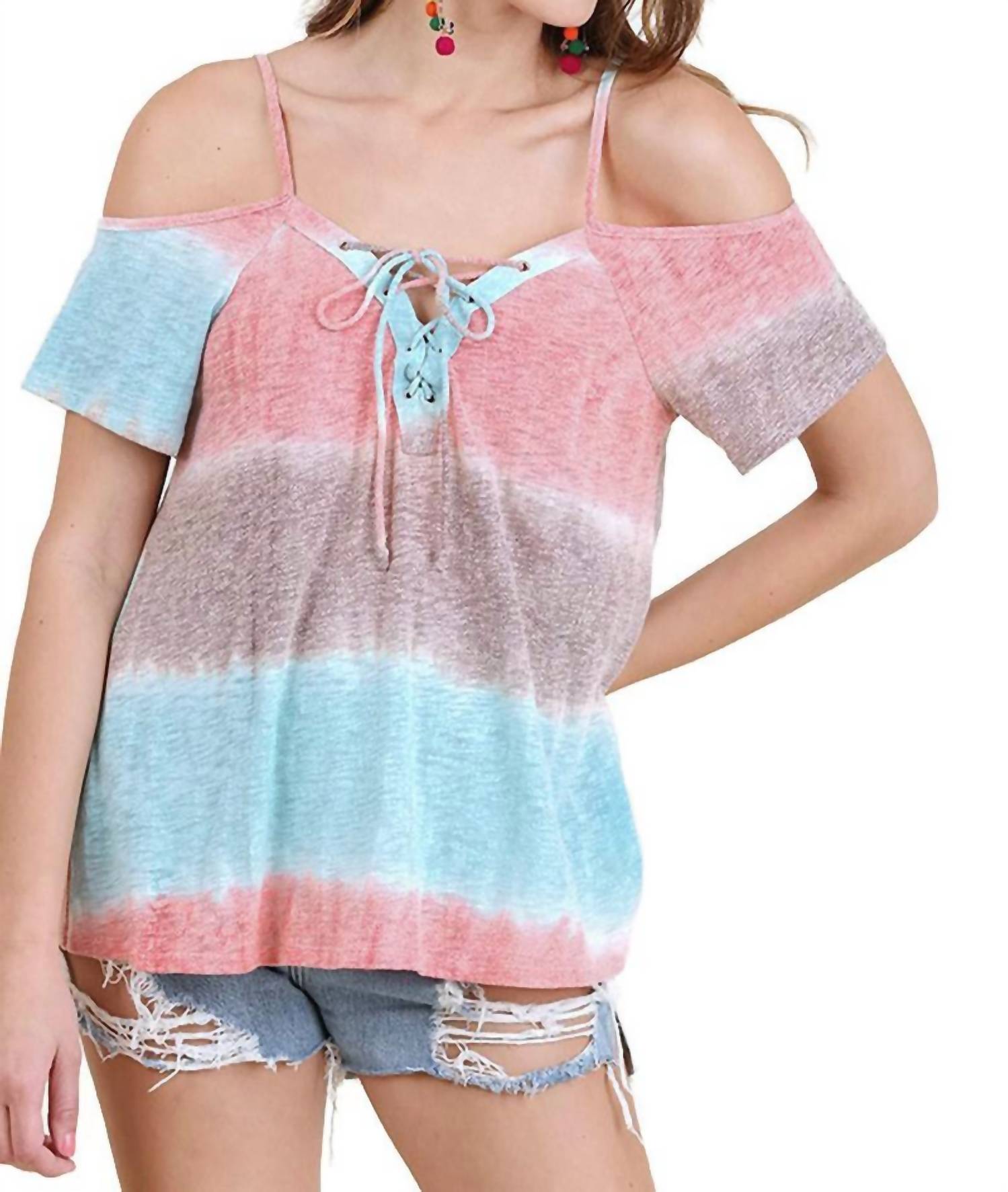 Umgee - Lace Up Cold Shoulder Color Block Top