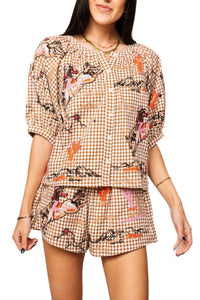 Queen Of Sparkles - Gingham Bucking Cowgirl Button Up Cotton Top