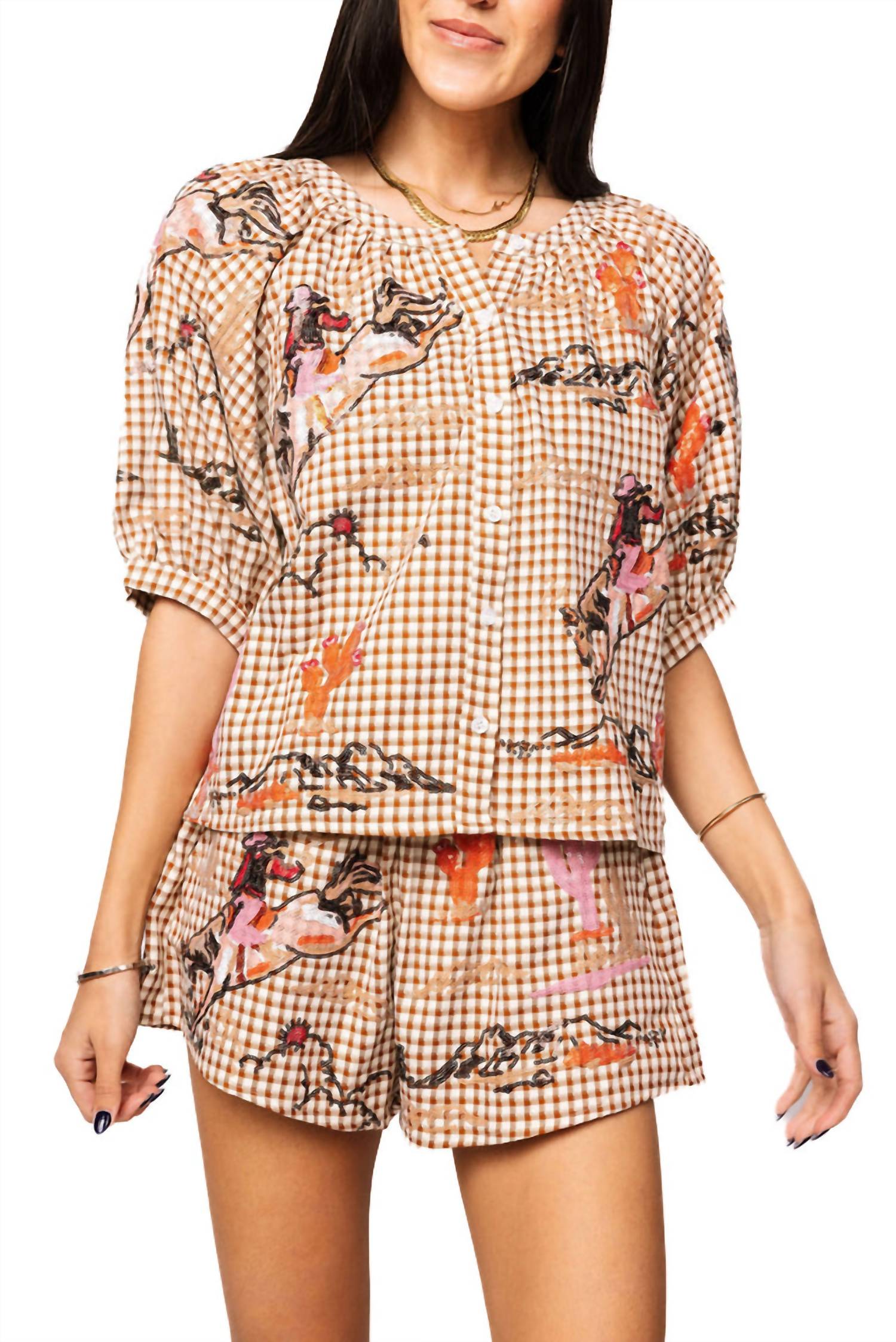 Queen Of Sparkles - Gingham Bucking Cowgirl Button Up Cotton Top