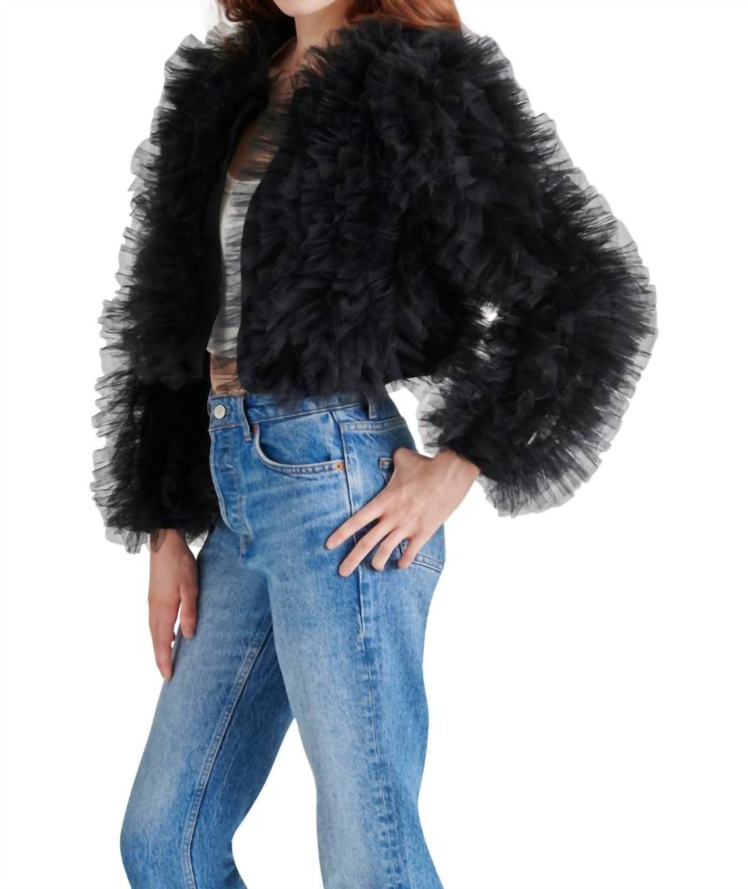 STEVE MADDEN Odile Ruffled Tulle Jacket in black - women's jacket - alternate view