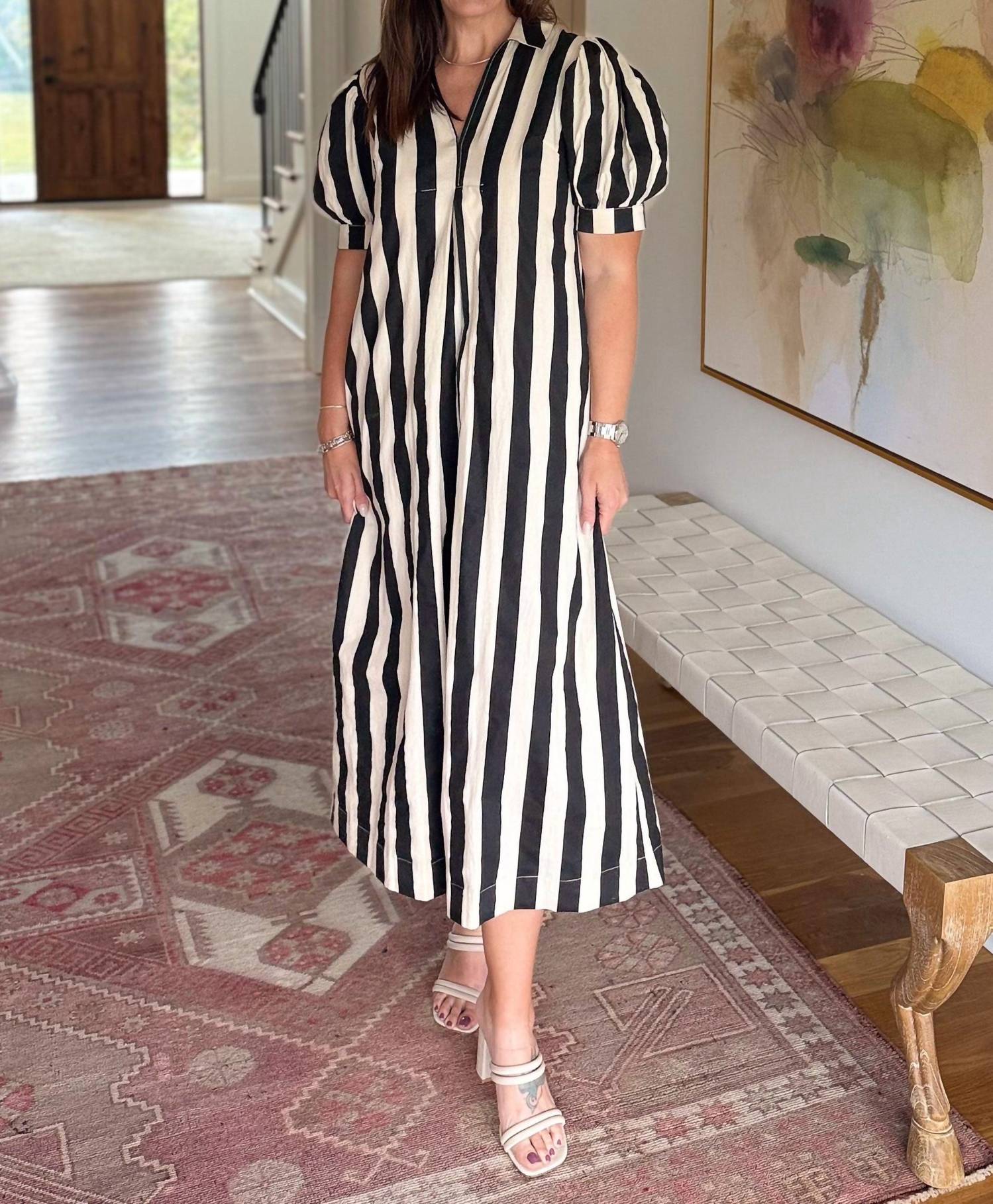 PINCH Monochrome Midi Dress in black stripe - women's dress - detail view