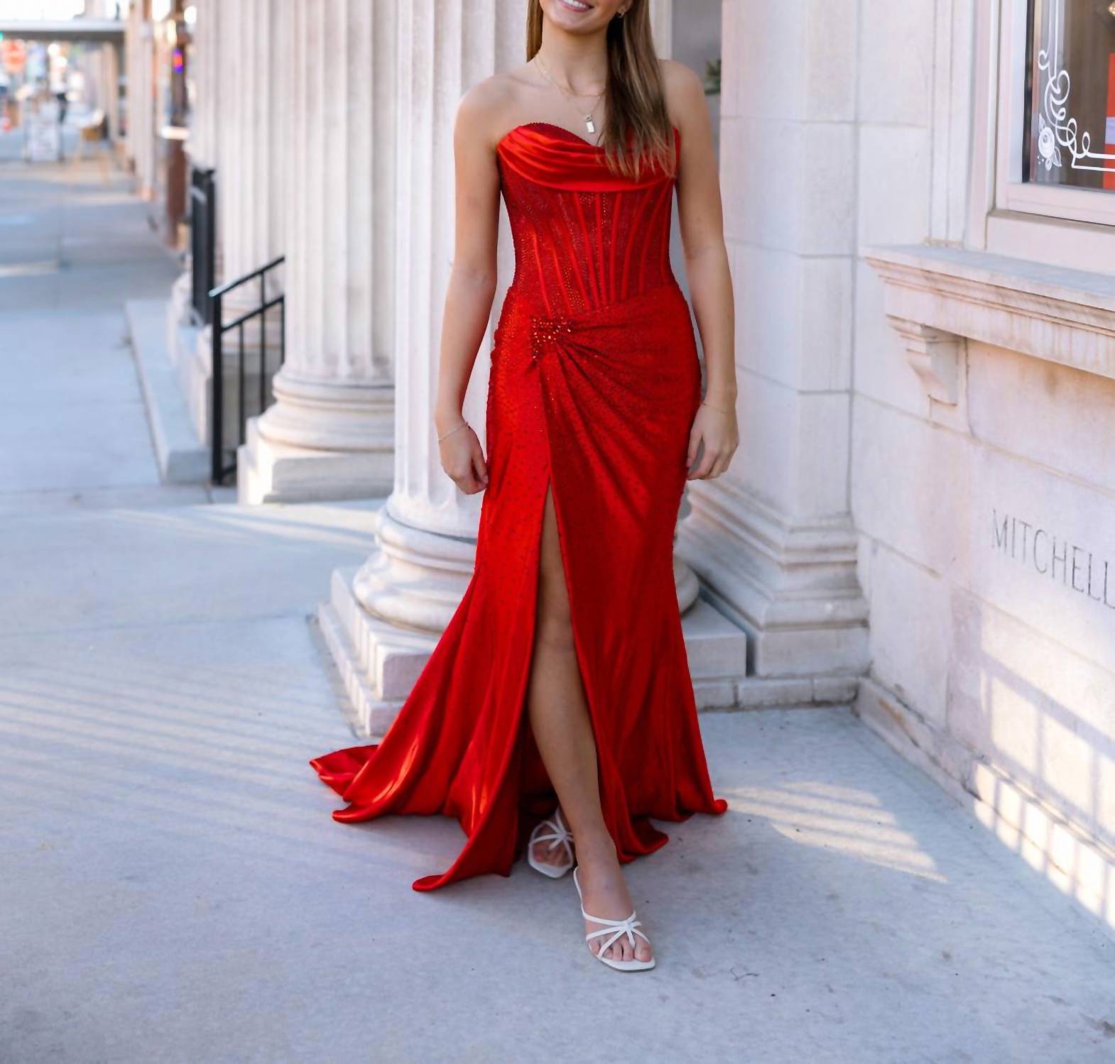 Sherri Hill Strapless Corset Prom Dress in red - women's dress - detail view