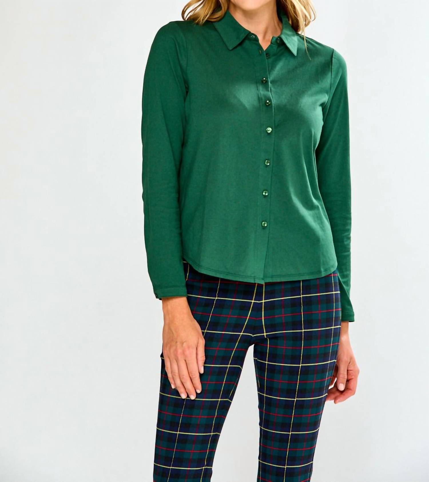 InCashmere Long Sleeve Cotton Knit Shirt in evergreen - women's shirt