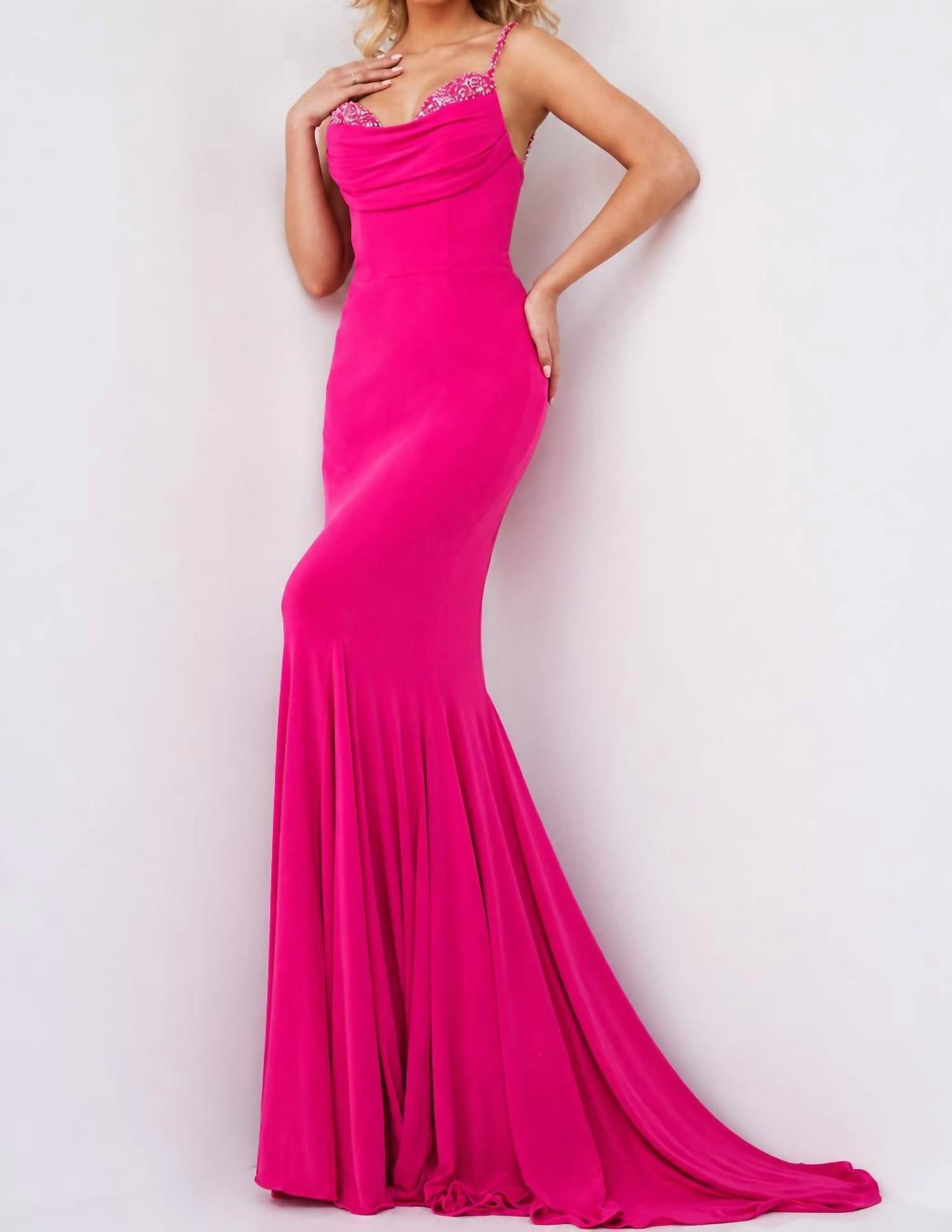 JOVANI Fitted Spaghetti Strap Dress in hot pink - women's dress