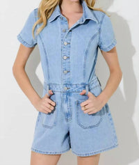 Polagram - Women's Washed Denim Short Sleeve Jumpsuit