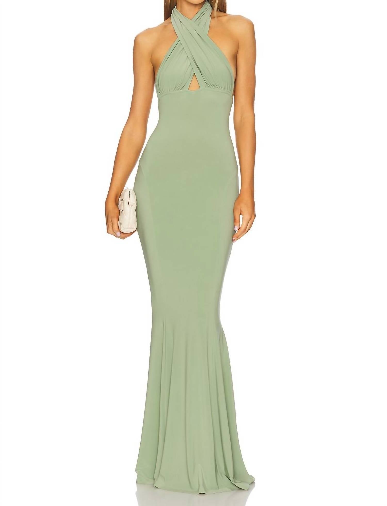 NORMA KAMALI Cross Halter Fishtail Gown in vintage green - women's dress