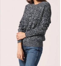Minnie Rose Cotton Marled Cable Crew Top in navy white 1 - women's sweater - alternate view
