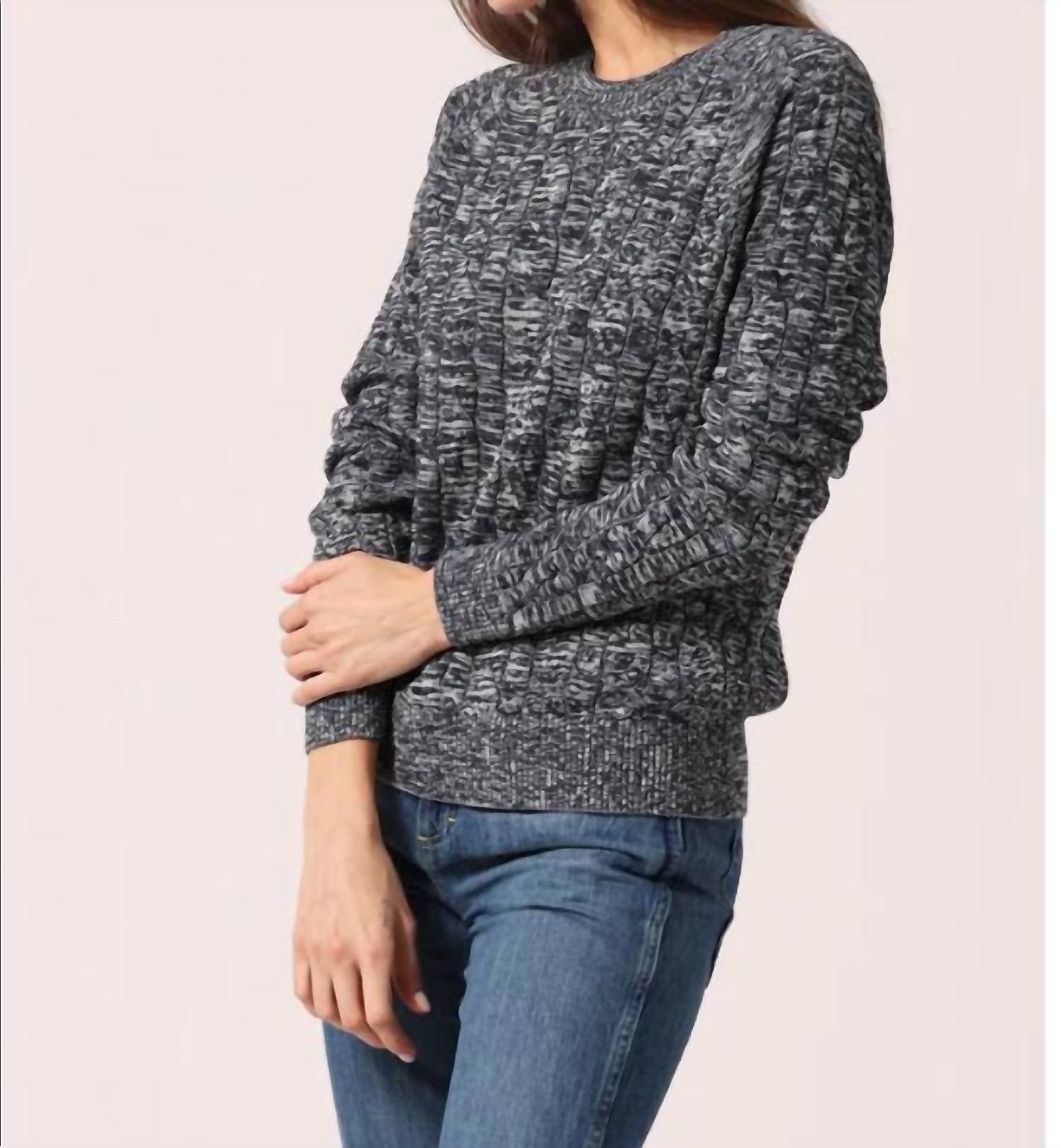 Minnie Rose Cotton Marled Cable Crew Top in navy white 1 - women's sweater - alternate view