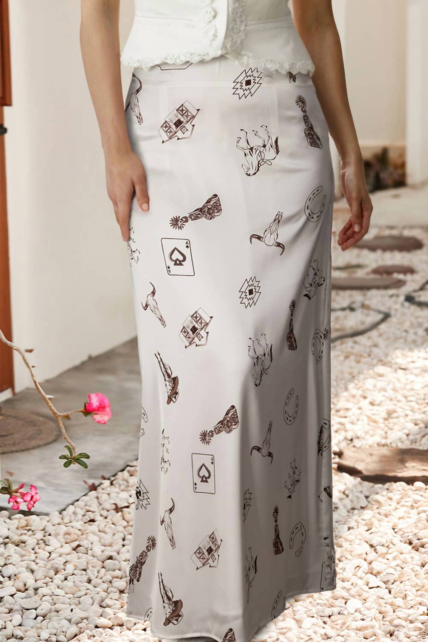 Little Daisy Closet Western Print Satin Long Skirt in beige - women's skirt