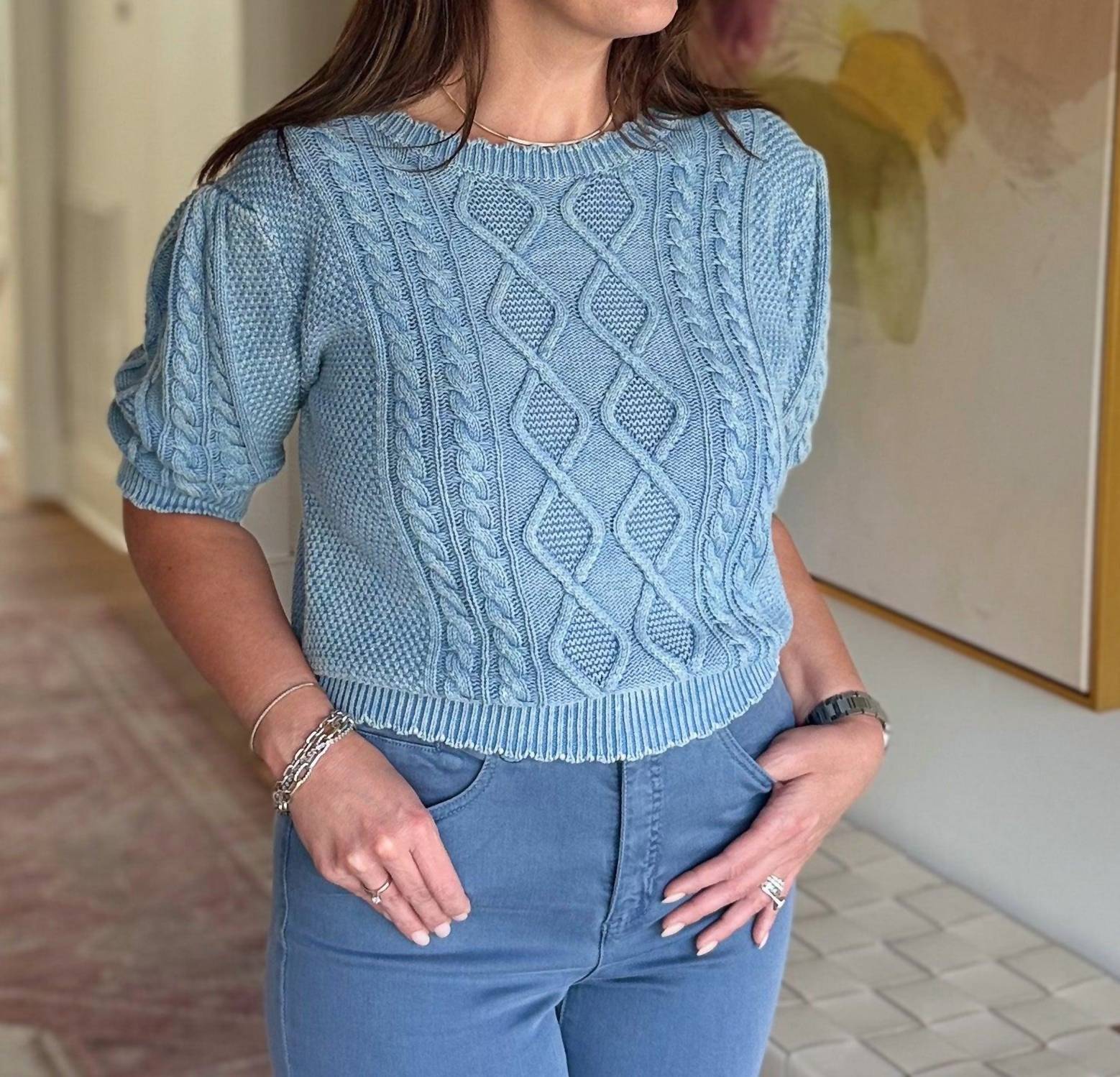 BiBi Vintage Washed Cropped Sweater in blue - women's sweater - detail view