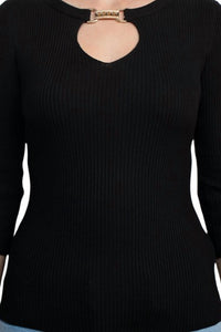 Carmen Marc Valvo - Boat Neck Cutout Front 3/4 Sleeve Ribbed Pullover Knit Top