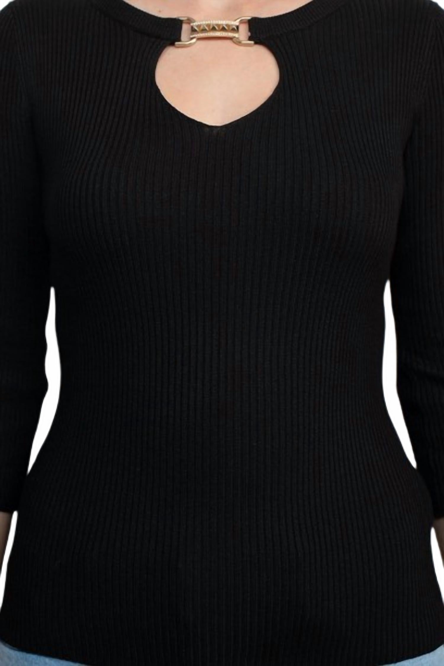Carmen Marc Valvo - Boat Neck Cutout Front 3/4 Sleeve Ribbed Pullover Knit Top