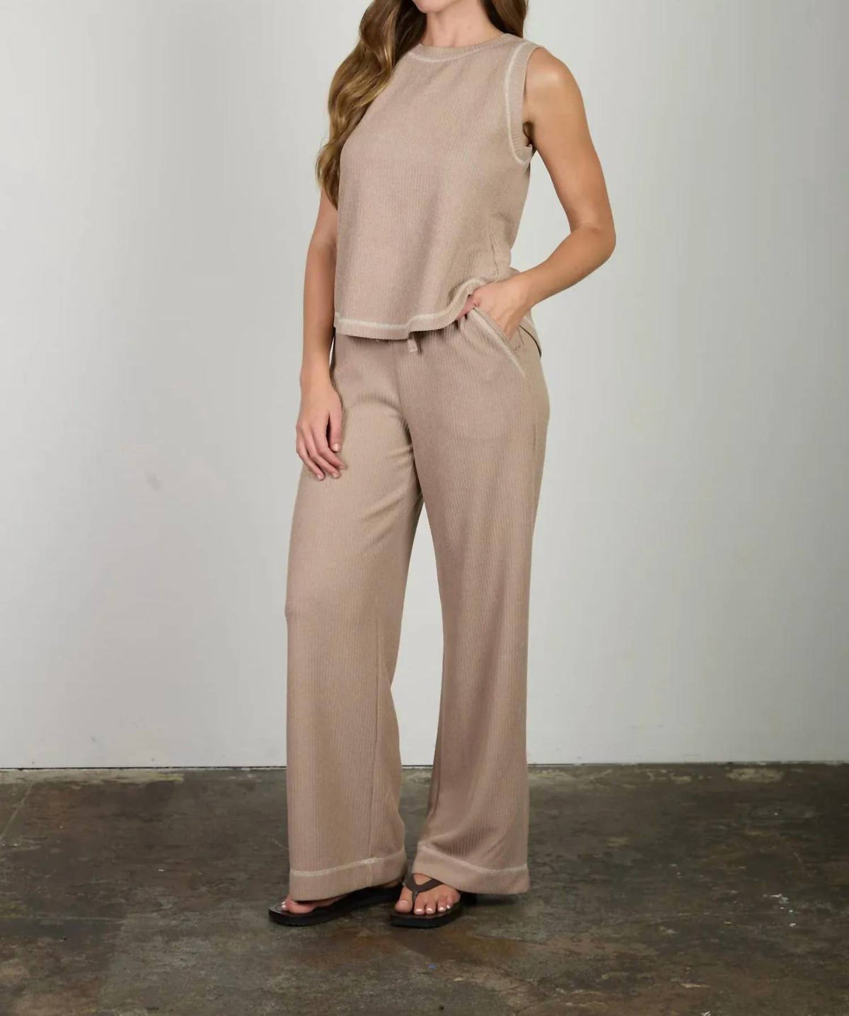 Blu Pepper - Back Button Detail Sleeveless Ribbed Top And Drawstring Lounge Set