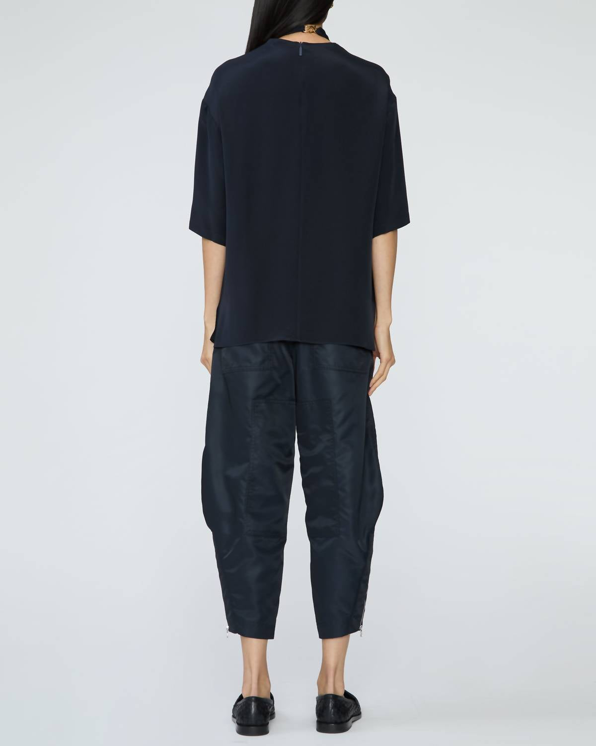 Tibi Silk Tie Front Top in dark navy - women's blouse - detail view