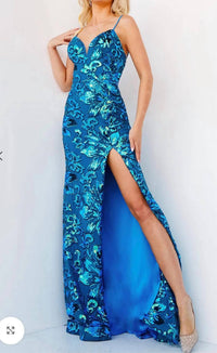 Jovani - Sequin Embellished High Slit Gown