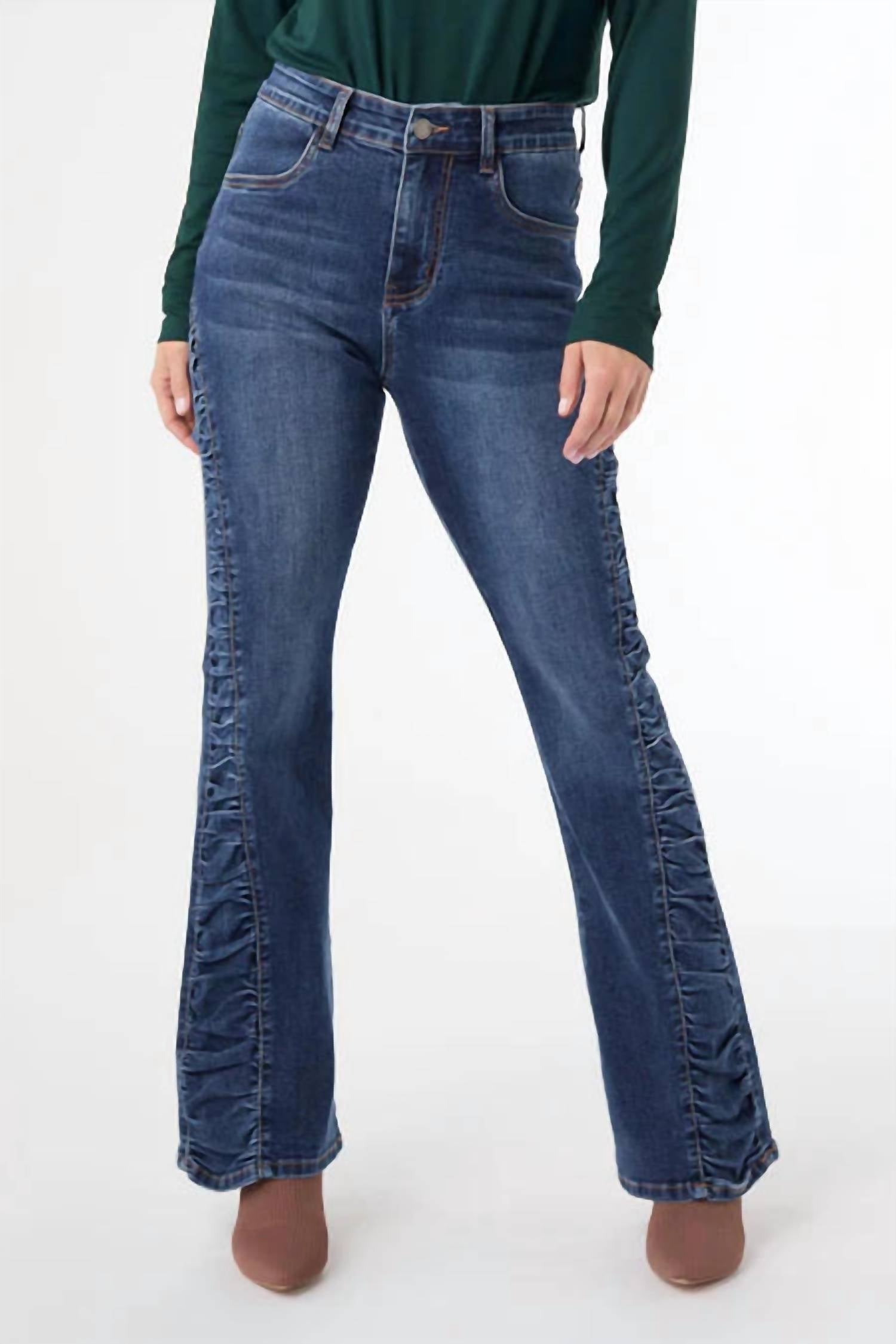 COCO + CARMEN Everstretch Flare With Side Rouching Jean in dark denim - women's jeans