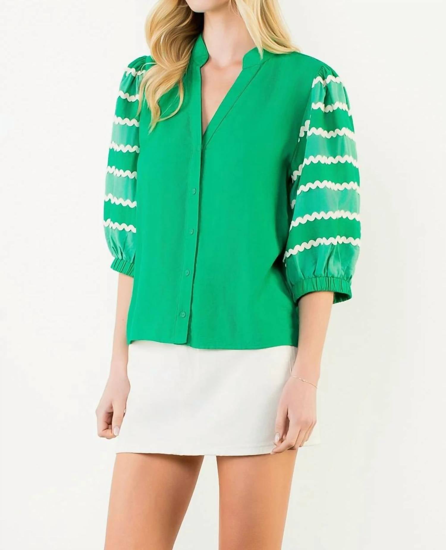 Thml - Embroidery Detail Puff Sleeve Button Down Top