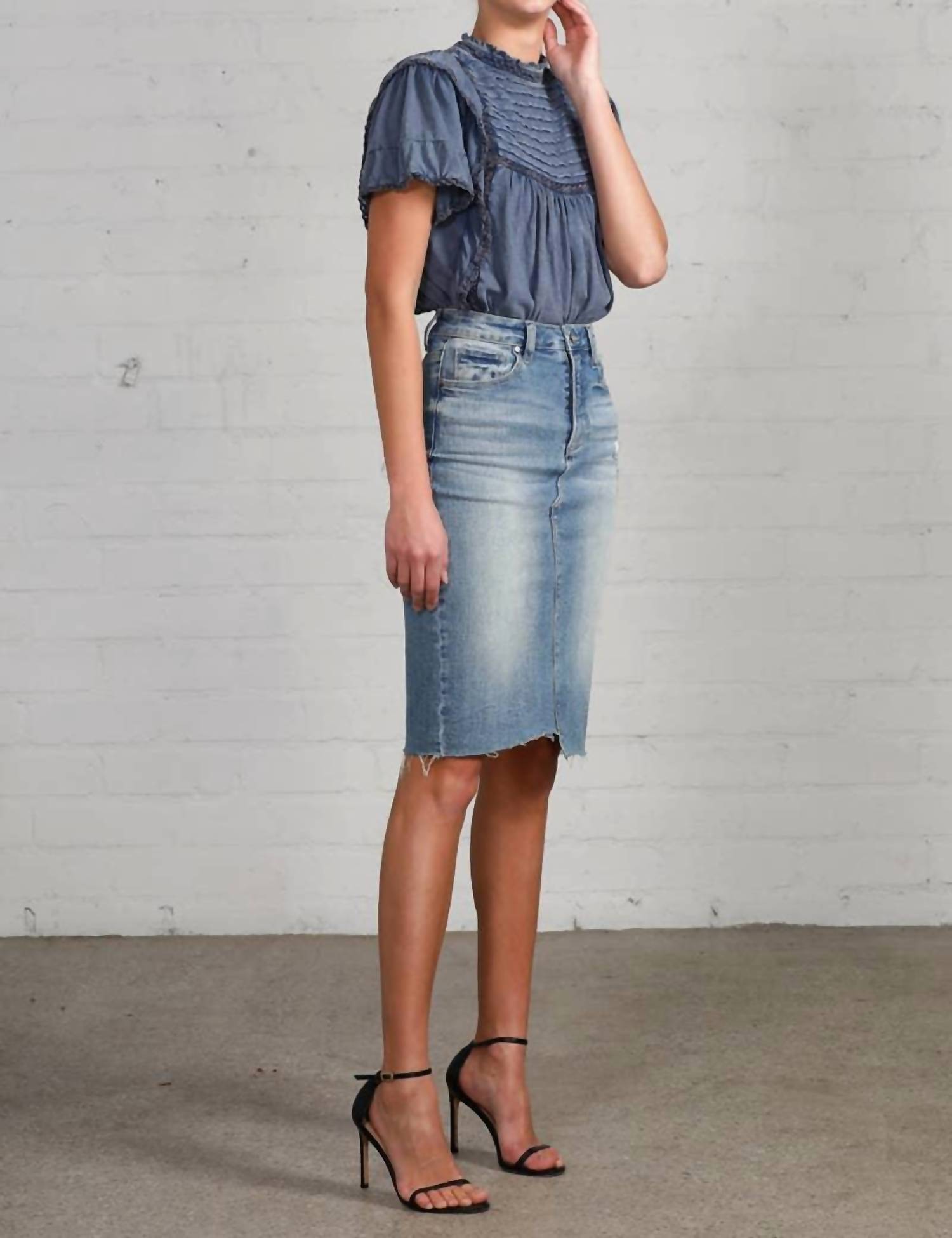 Insane Gene - Jacy High Rise Stretch Raw Hem Knee Length Skirt