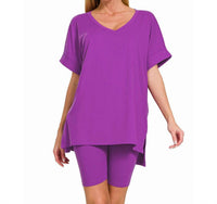 Zenana - V Neck Top And Biker Short Set