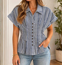 Thml - Short Sleeve Stripes Gingham Button Up Top