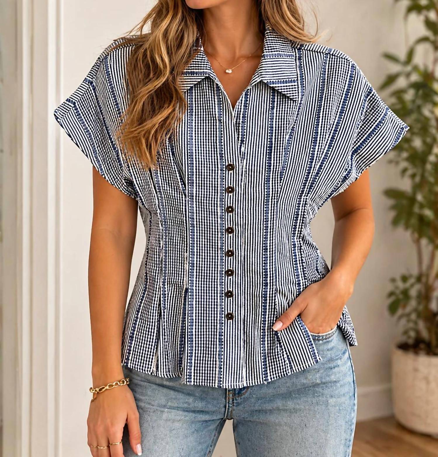 Thml - Short Sleeve Stripes Gingham Button Up Top