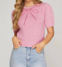 SHE + SKY Darling Bow Knit Sweater Top in pink - women's t-shirt