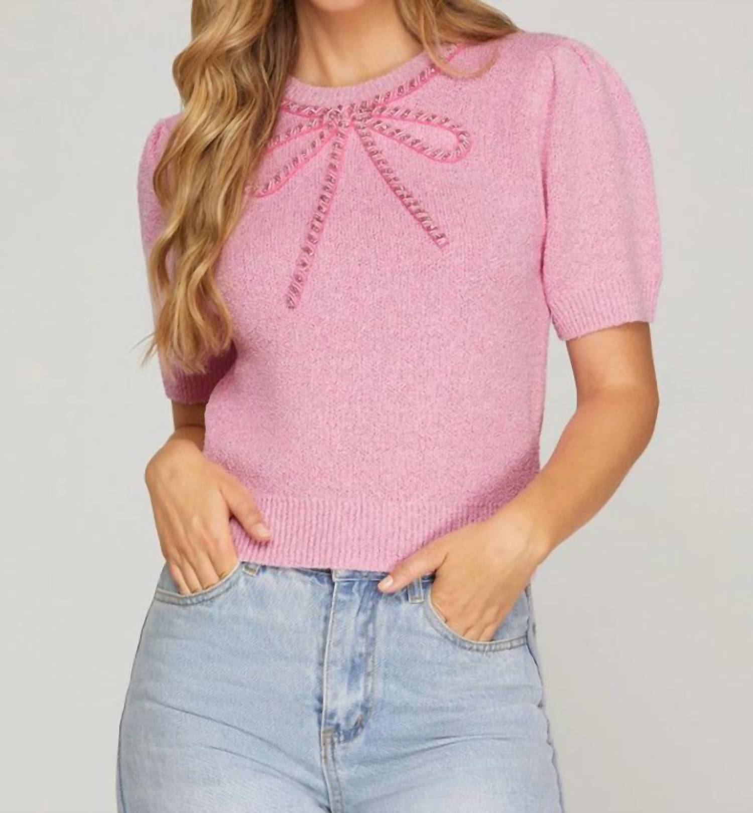 SHE + SKY Darling Bow Knit Sweater Top in pink - women's t-shirt