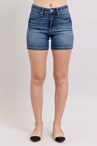 Judy Blue Tummy Control Mid Length Shorts in blue - women's shorts - alternate view