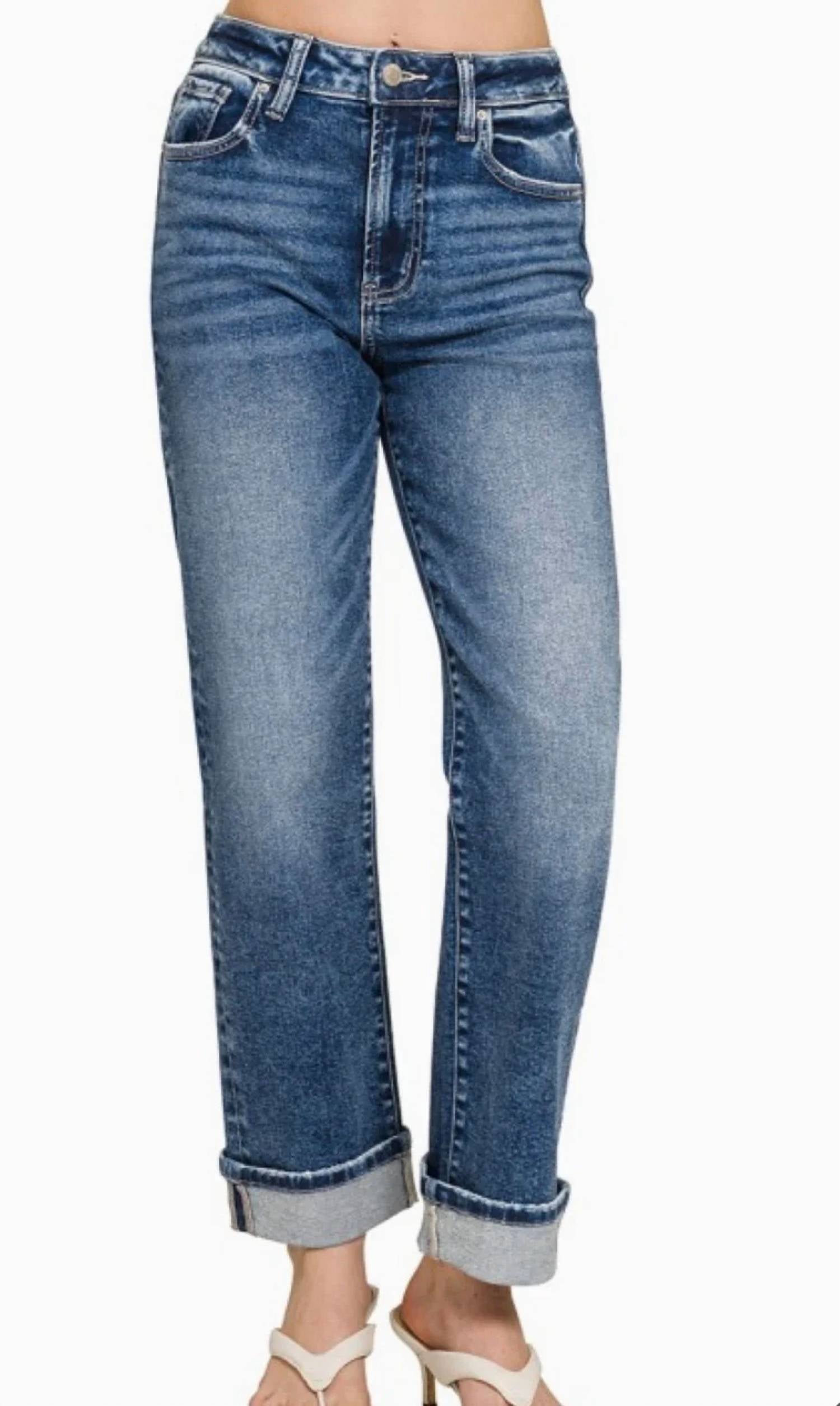 Zenana - Cuffed Straight Leg Stretch Jeans