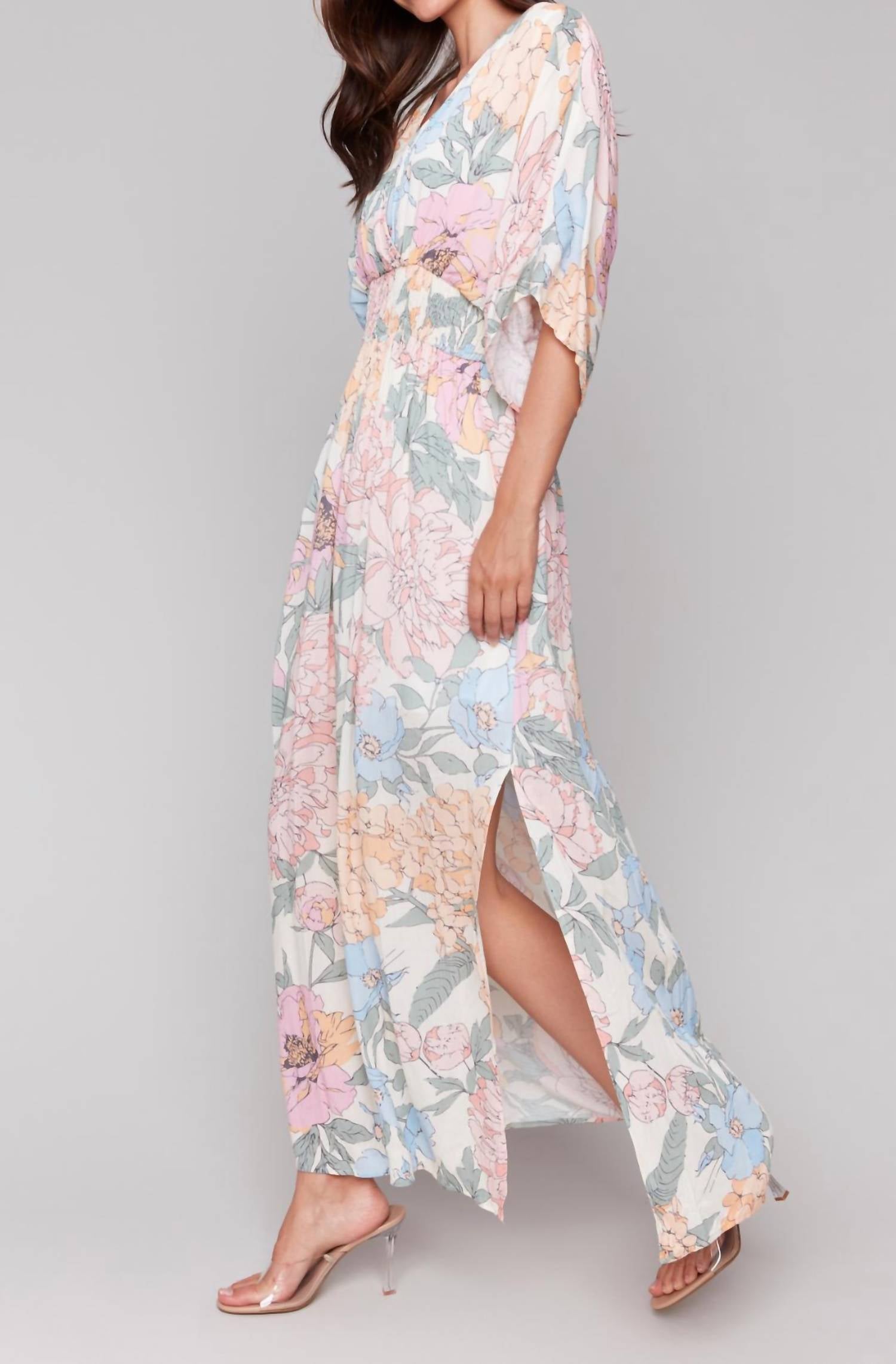 Charlie B - Dolman Sleeves Floral Maxi Dress With Side Slits