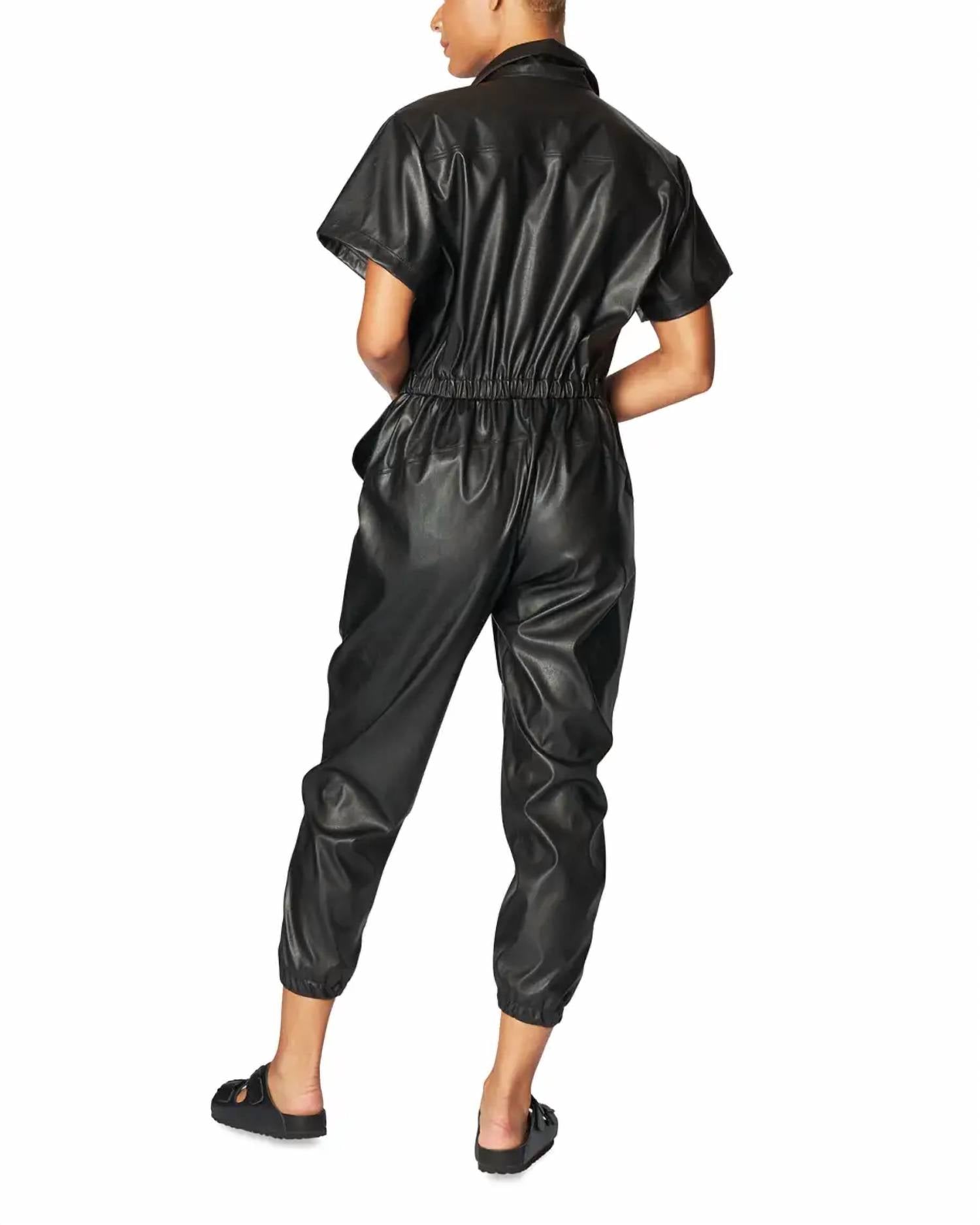 HEROINE SPORT WORK FAUX-LEATHER ZIP-FRONT JUMPSUIT in black - women's pants - detail view