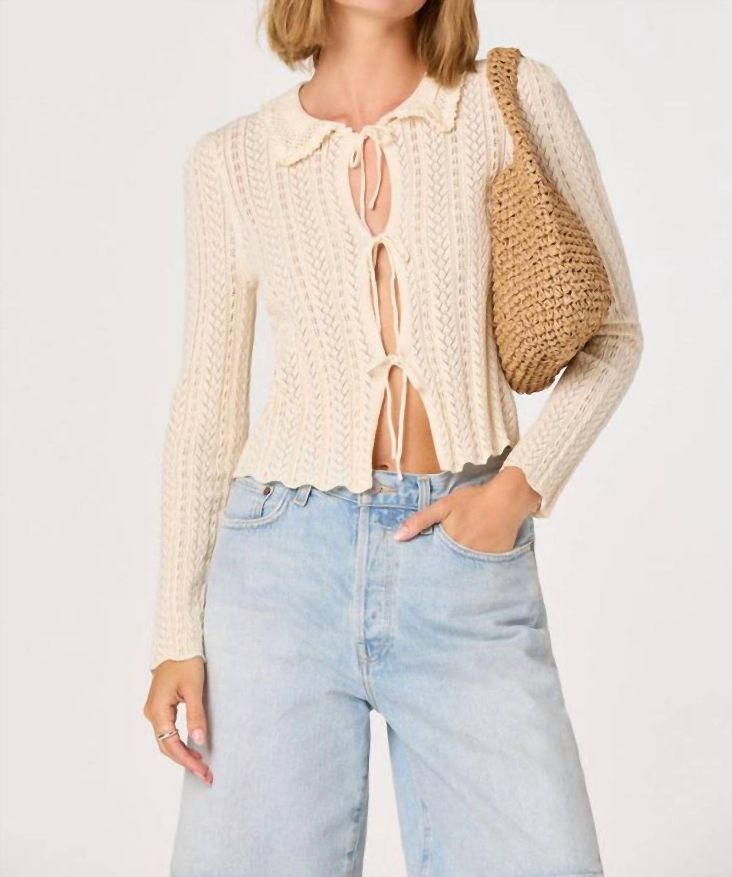 ASTR Fannie Cardigan in cream - women's cardigan - detail view