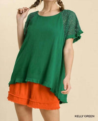 Umgee - Linen Blend Floral Crochet Sleeve Top