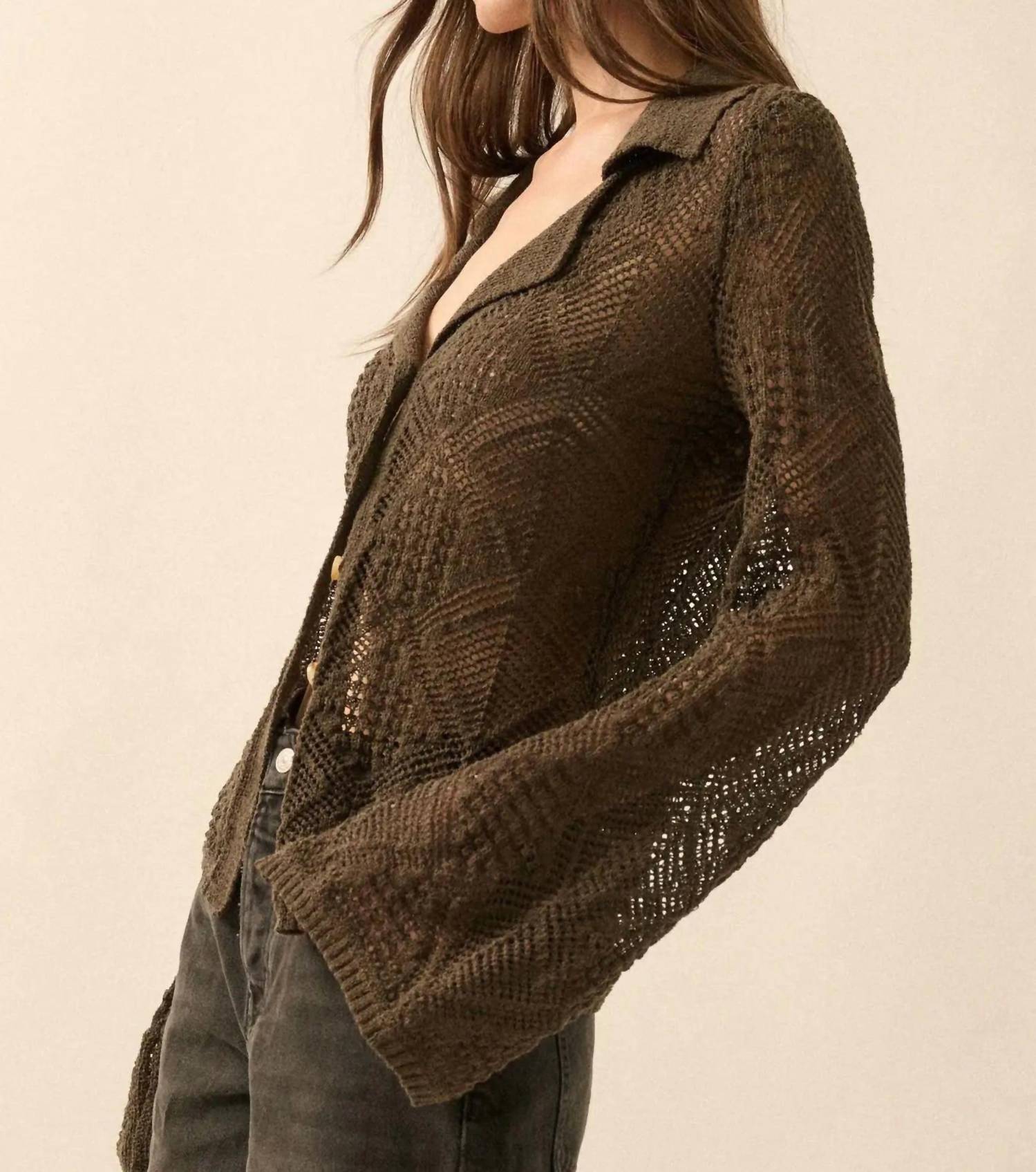 Promesa - Diamond Dust Geometric Crochet Button-up Cardigan