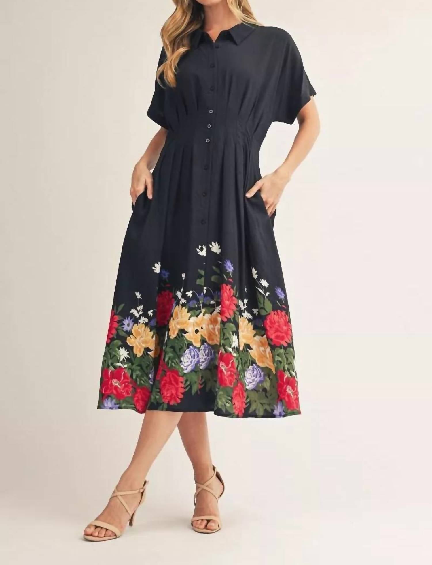 Jodifl - Floral Border Solid Midi Dress